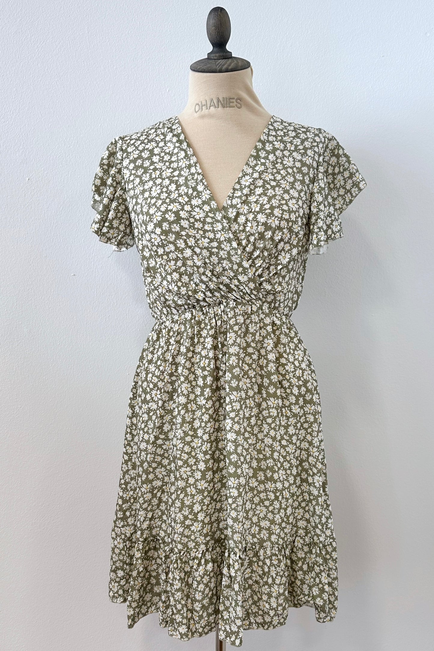Locker geschnittenes Blumenkleid aus Viskose in Eucalyptusgreen