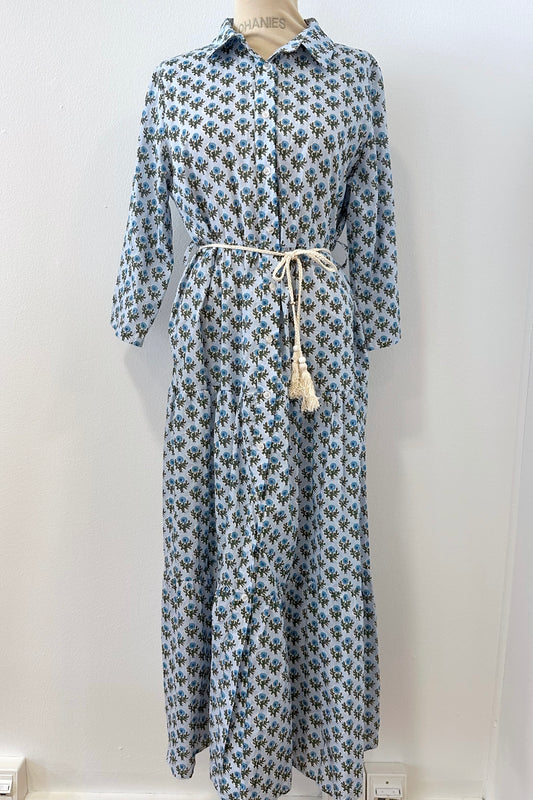 Maxikleid aus Baumwolle in Hellblau mit feinem Blumenmuster