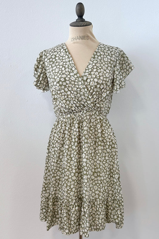Locker geschnittenes Blumenkleid aus Viskose in Eucalyptusgreen